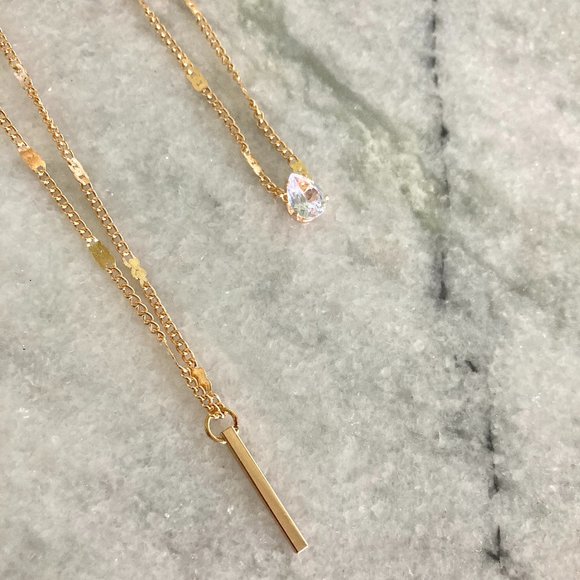 Layered Teardrop and Drop Bar Cubic Zirconia Gold Necklace Set - Picture 5 of 6